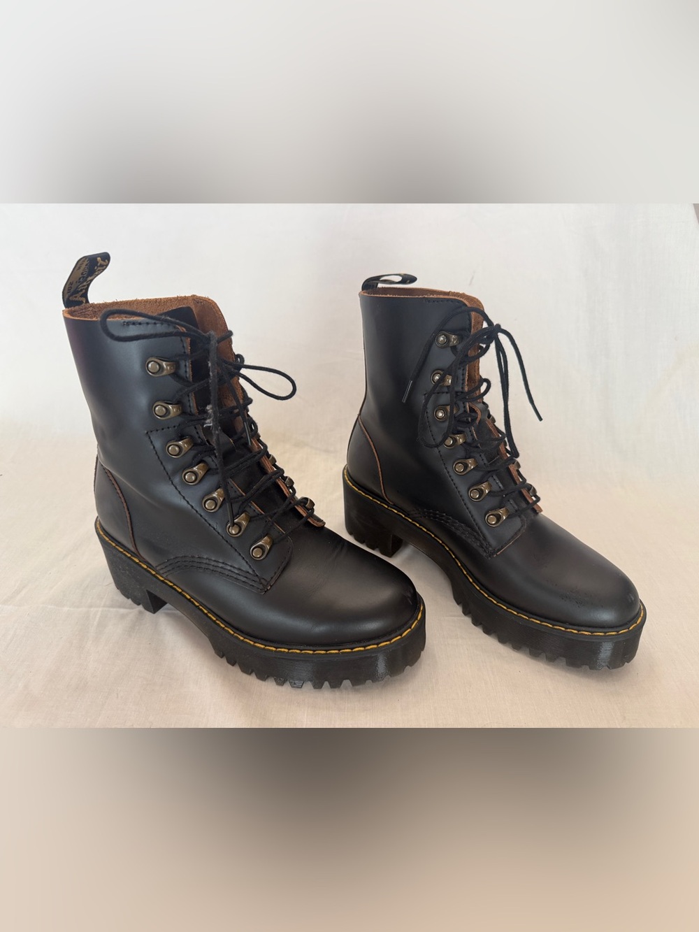 Dr. Martens Black Lace-Up Platform Combat Boots with Yellow Stitching